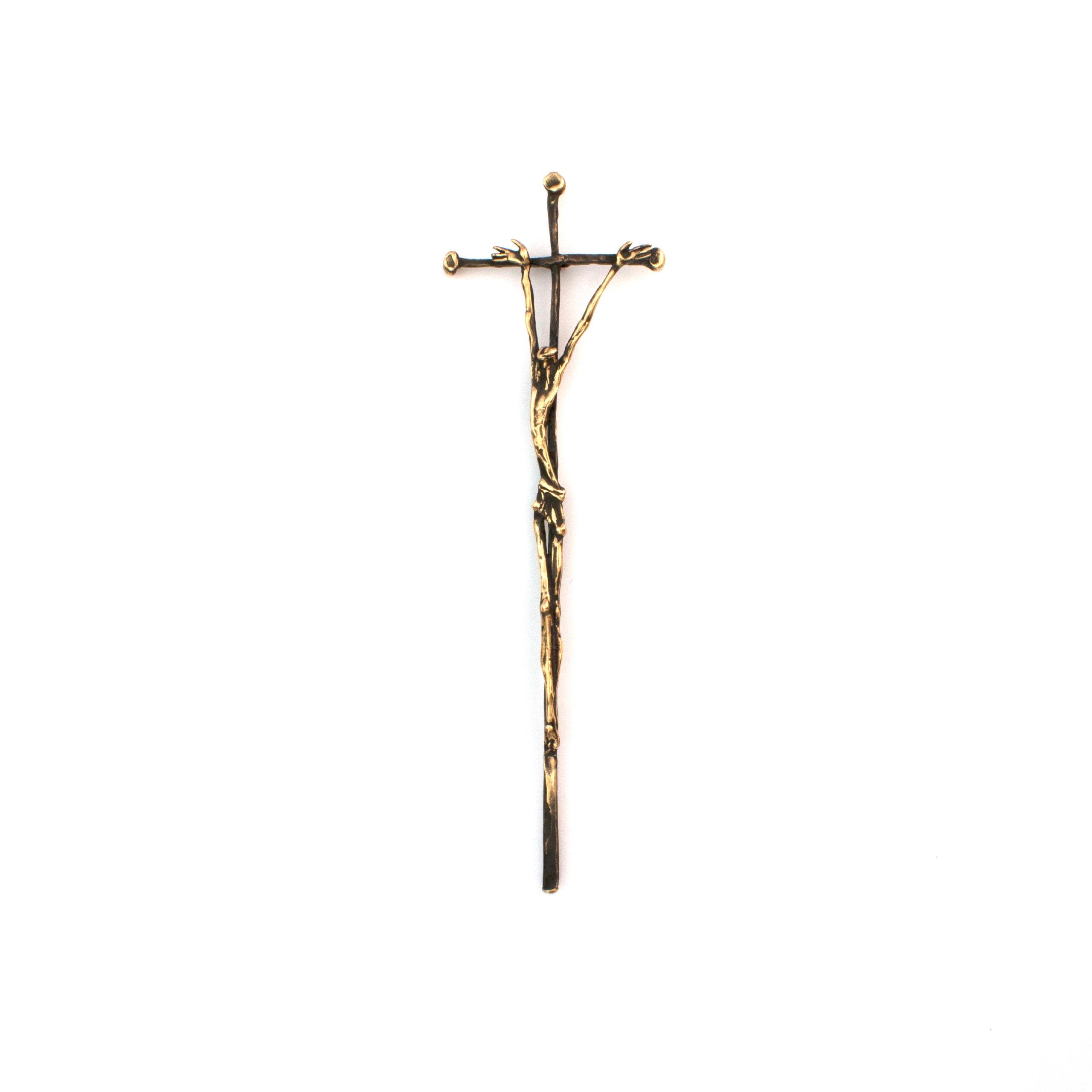 Elegant bronze sculpture "Thin Wall Cross" by Vojtěška Vlčková. Delicate sacred artwork cast using lost wax technique with emphasis on pure lines. Worldwide shipping.