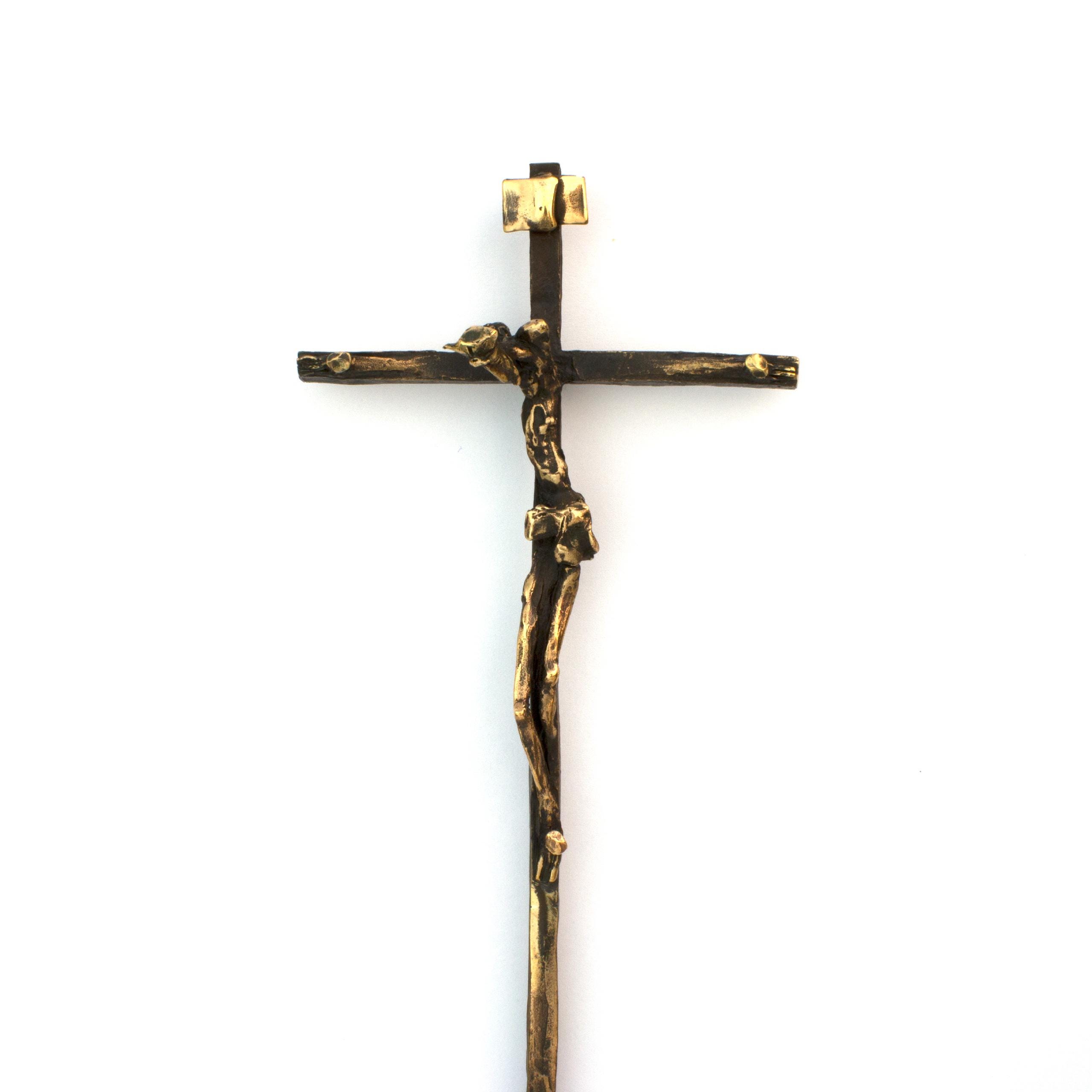 Monumental bronze sculpture "Large Wall Cross" by Vojtěška Vlčková. Striking sacred artwork cast using lost wax technique for dignified interior placement. International delivery.
