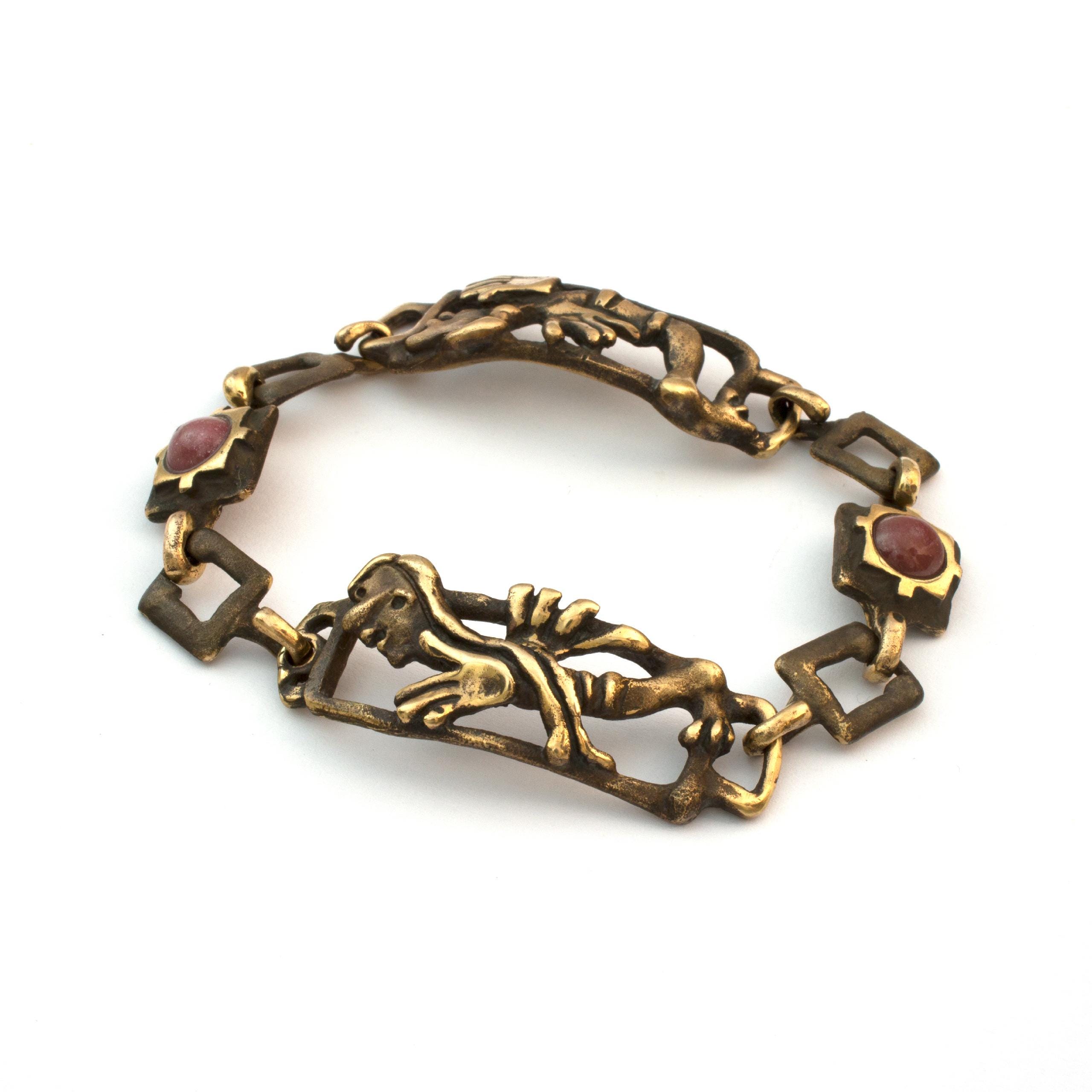 Bronze "Angelic" bracelet by Vojtěška Vlčková. Authorial jewel with rhodonite cast using lost wax technique. Worldwide shipping.