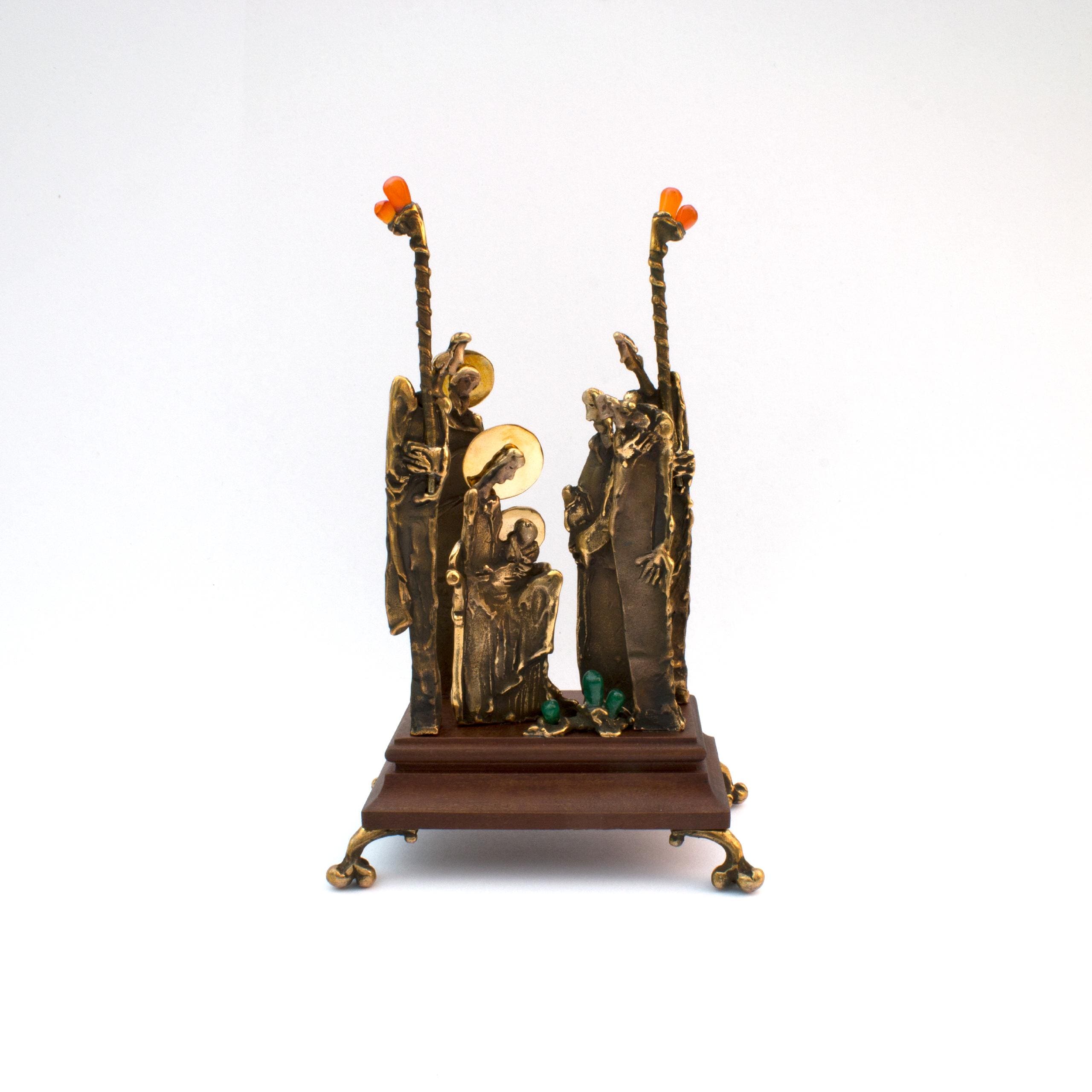 Bronze "Torch Nativity Scene" sculpture by Vojtěška Vlčková with carnelian and agate. Handcrafted using lost wax casting. Perfect collector’s piece.