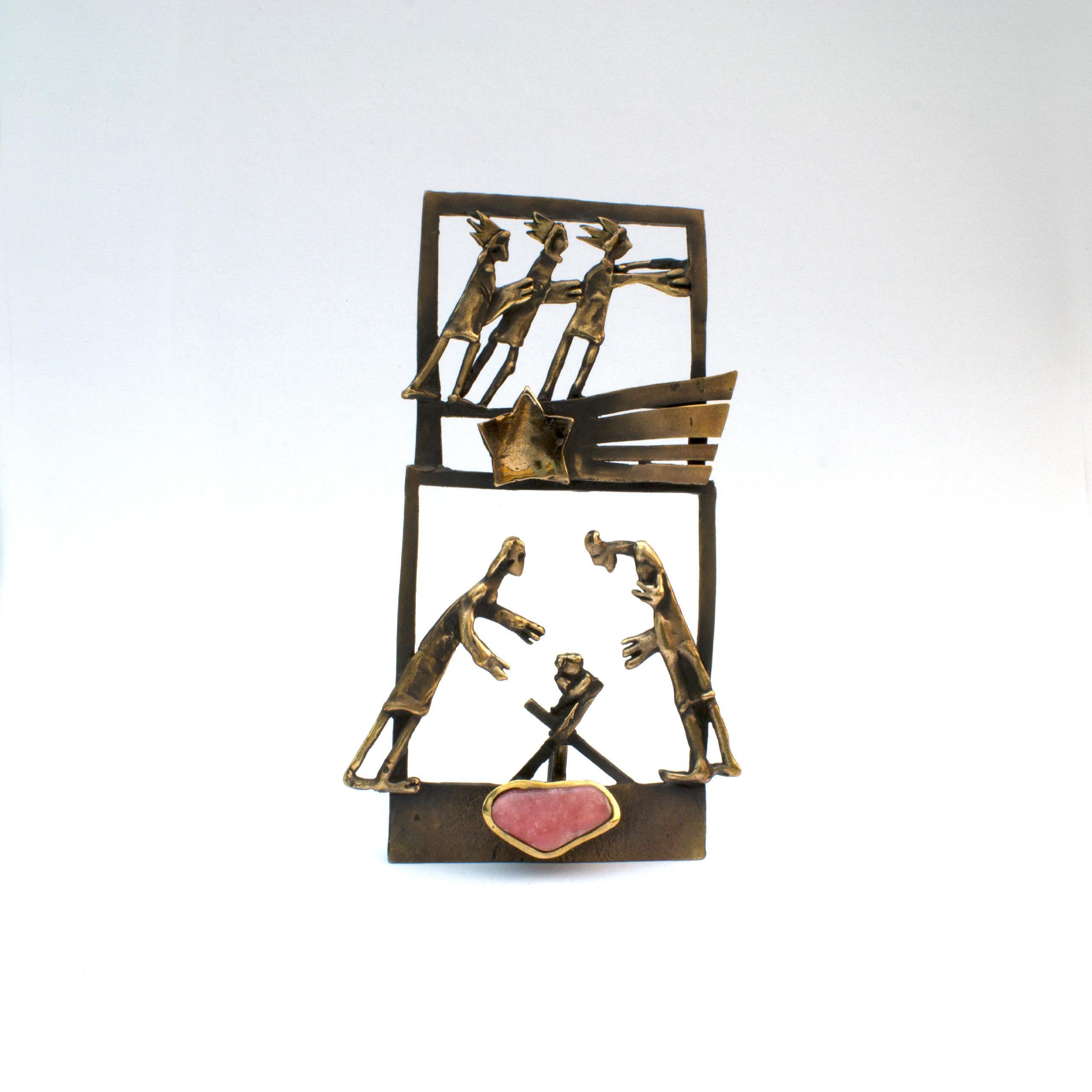 Bronze sculpture "Three Kings Nativity Scene" by Vojtěška Vlčková. Exclusive Christmas artwork cast using lost wax technique with pink rhodochrosite. Worldwide delivery.